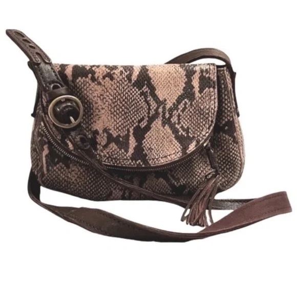 Lucky Brand Crossbody Bag Snake Embossed Leather Purse Brown Tan